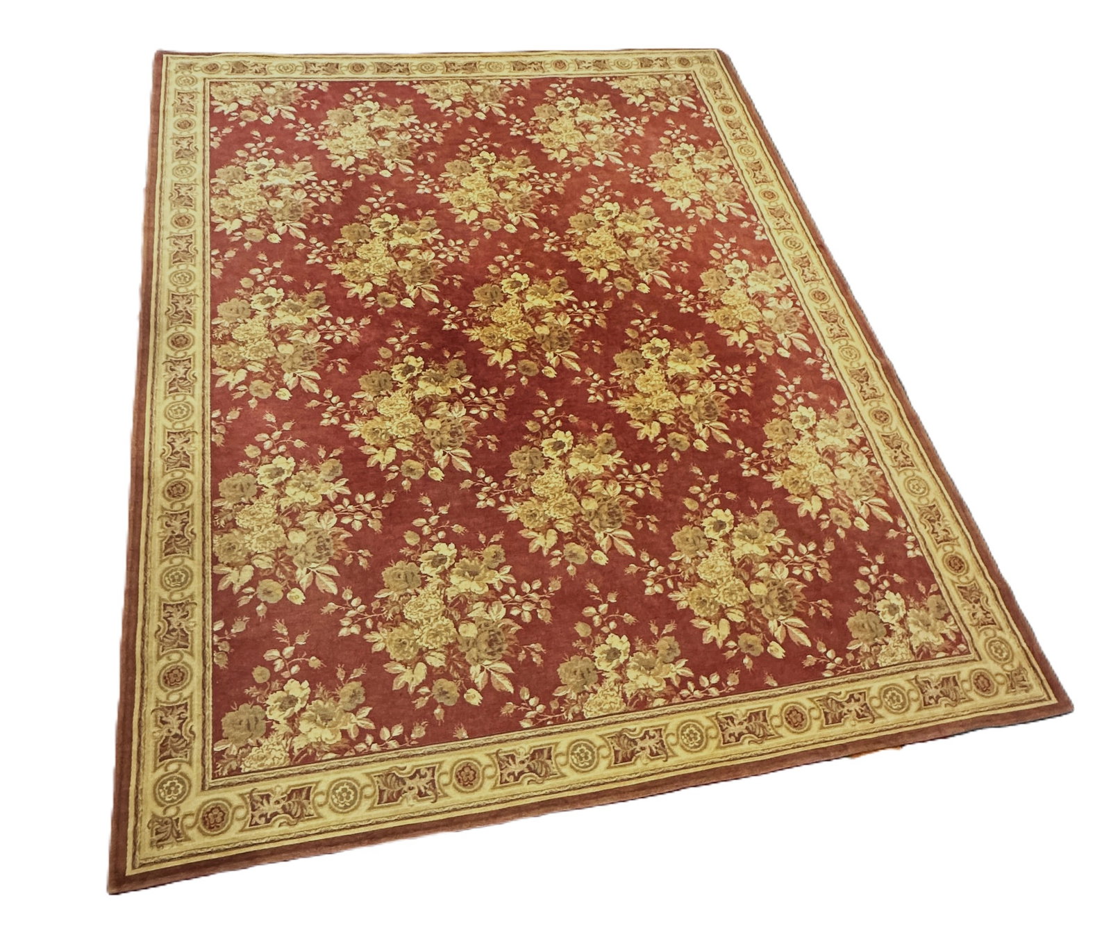 LARGE VINTAGE HAND LOOMED RED CREAM AUBUSSON RUG: Vintage Hand Loomed Red and Cream Aubusson Rug. Measures 132"x106". Weight approximately 40 lbs.