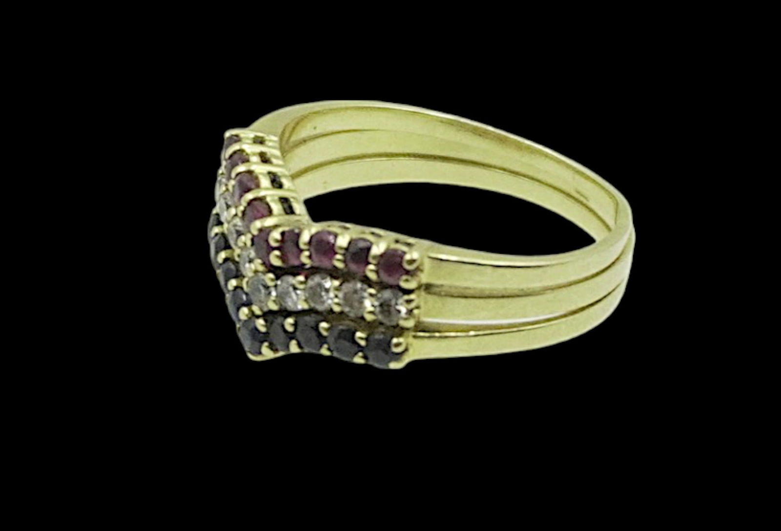 18k TRIO STACK RING SAPPHIRES RUBIES DIAMONDS: Trio of 18k Yellow Gold Stackable Rings. Rubies, Diamonds and Sapphires. Tested 18k. Size 7.5. Excellent condition. Perfect for Valentines Day. PROVENANCE: A Madrid, Spain / Charleston SC Private Esta