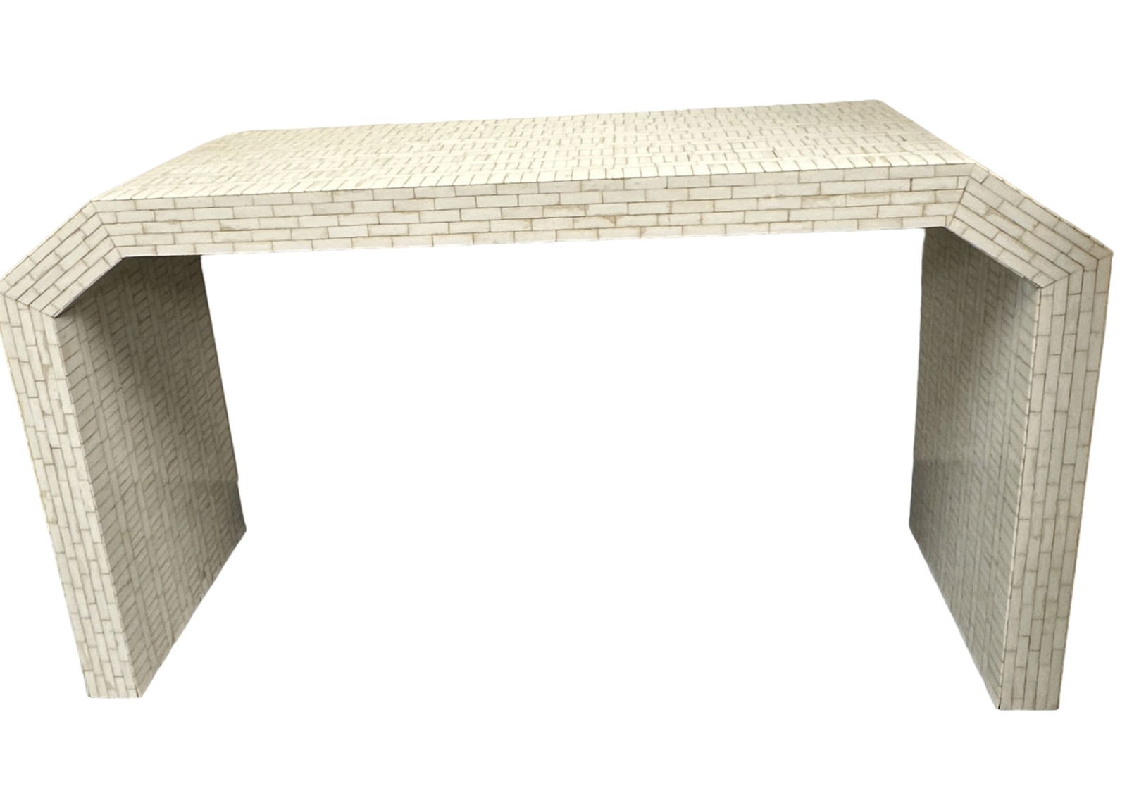 ENRIQUE GARCEL BONE INLAY ART DECO WATERFALL CONSOLE TABLE: An extraordinary art deco waterfall console table crafted out of wood in great condition this piece is eye-catching covered by bone-inlaid veneers and has a beautiful clear gloss finish, attributed to