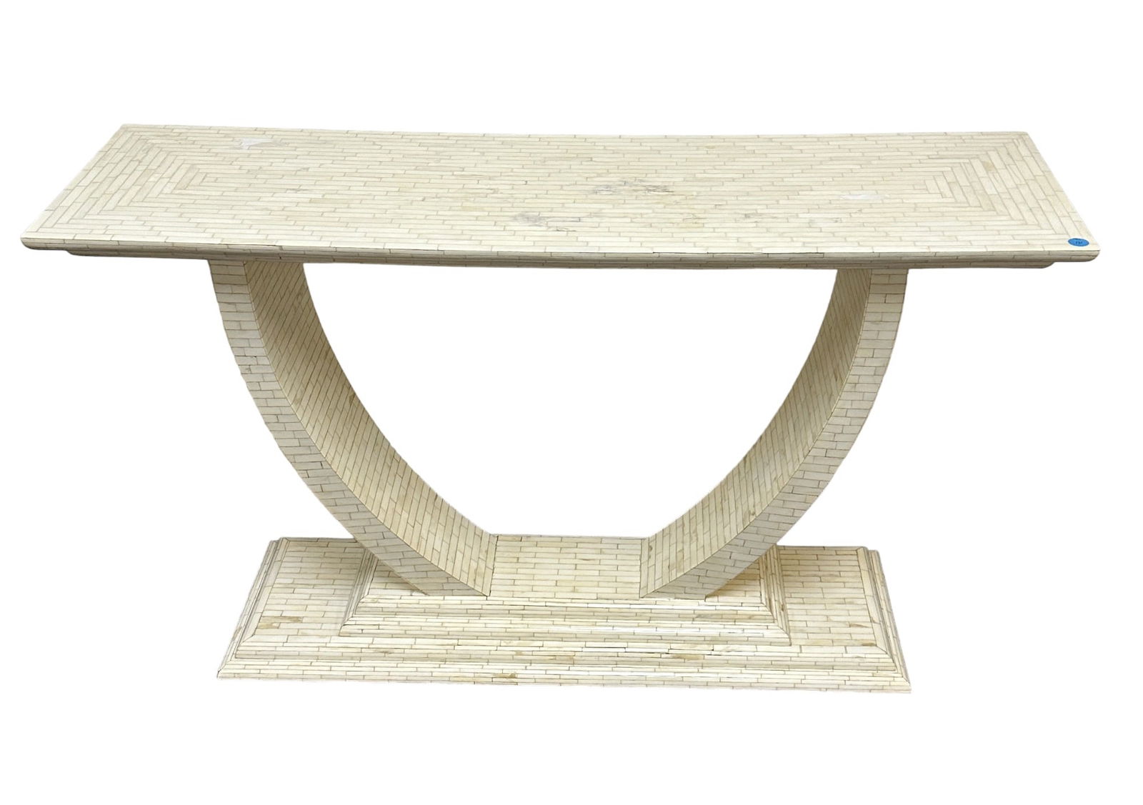 ENRIQUE GARCEL BONE INLAY ART DECO CONSOLE TABLE: An extraordinary art deco style console table crafted out of wood in great condition this piece is eye-catching covered by bone-inlaid veneers and has a beautiful clear gloss finish attributed to Enri