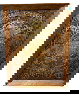 FINE 1896 JAMES WILLIAM FOSDICK FIRE ETCHED PANEL: Antique 1896 Fine Fire Etched Wood Panel Coat of Arms by James William Fosdick (American, 1858–1937). Measures 22"x29.5"x3". Weight 16 lbs. American artist and writer J. William Fosdick born 1858 in