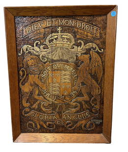 FINE 1896 JAMES WILLIAM FOSDICK FIRE ETCHED PANEL: Antique 1896 Fine Fire Etched Wood Panel Coat of Arms by James William Fosdick (American, 1858–1937). Measures 22"x29.5"x3". Weight 16 lbs. American artist and writer J. William Fosdick born 1858 in