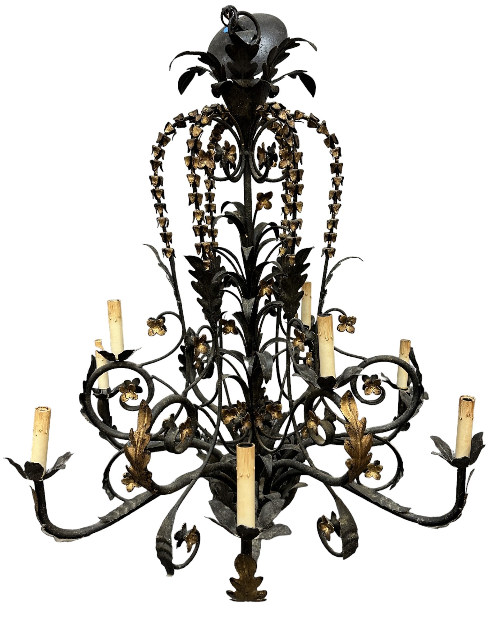 CURREY AND COMPANY BRONZE FLORAL CHANDELIER: Currey and Company bronze floral chandelier. Measures 31.5" x 37", weighs 21 lbs. Includes shades for all lights.