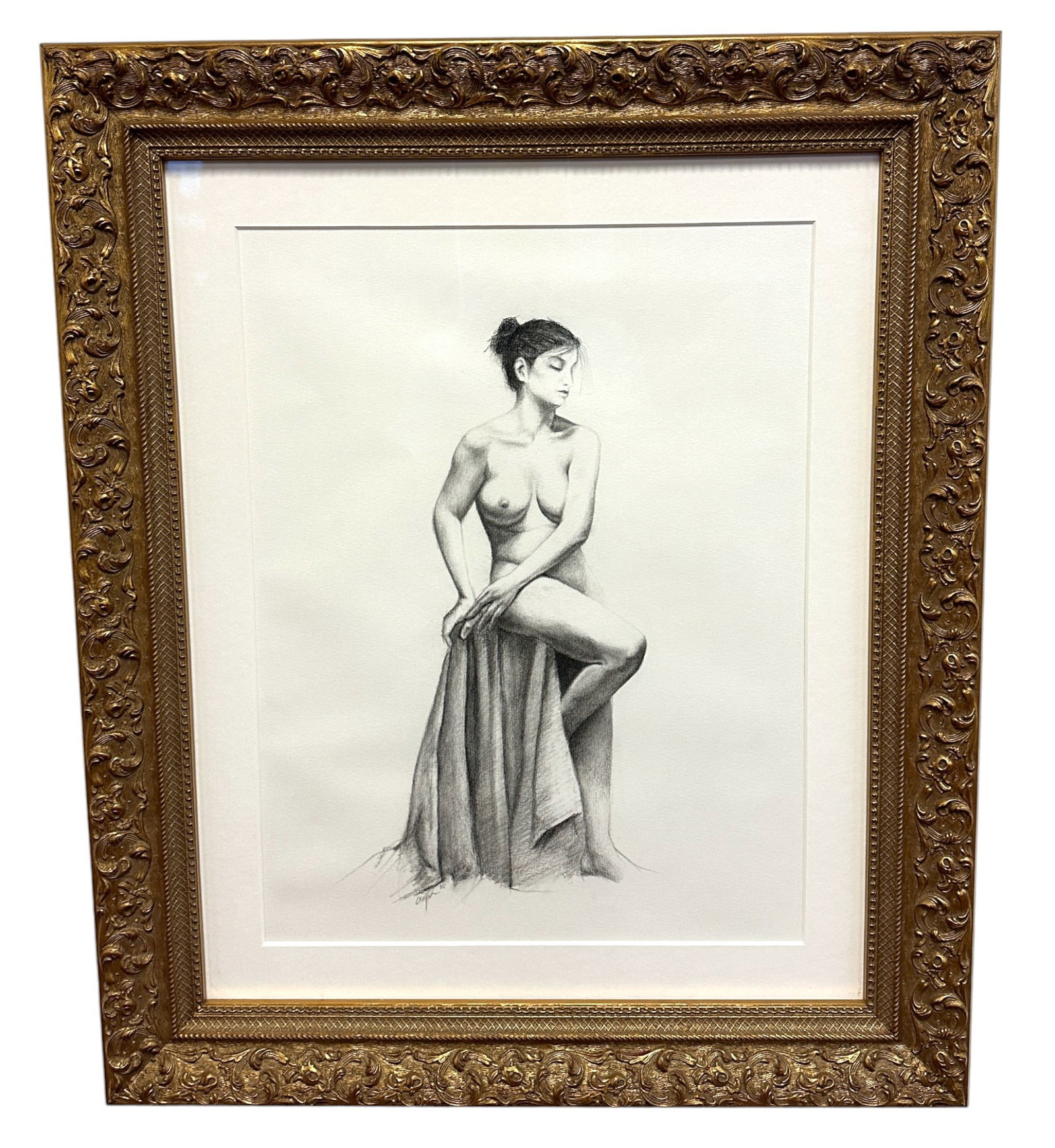 LARGE AYSE WILSON FRAMED NUDE DRAWING: Incredible Ayse Wilson Nude Graphite / Pencil showcasing her formal training. Special commission. Professionally framed in gilt frame at Sutton Place Frame Shop NYC. Measures 26"x32"x2. ". Weight 18 L