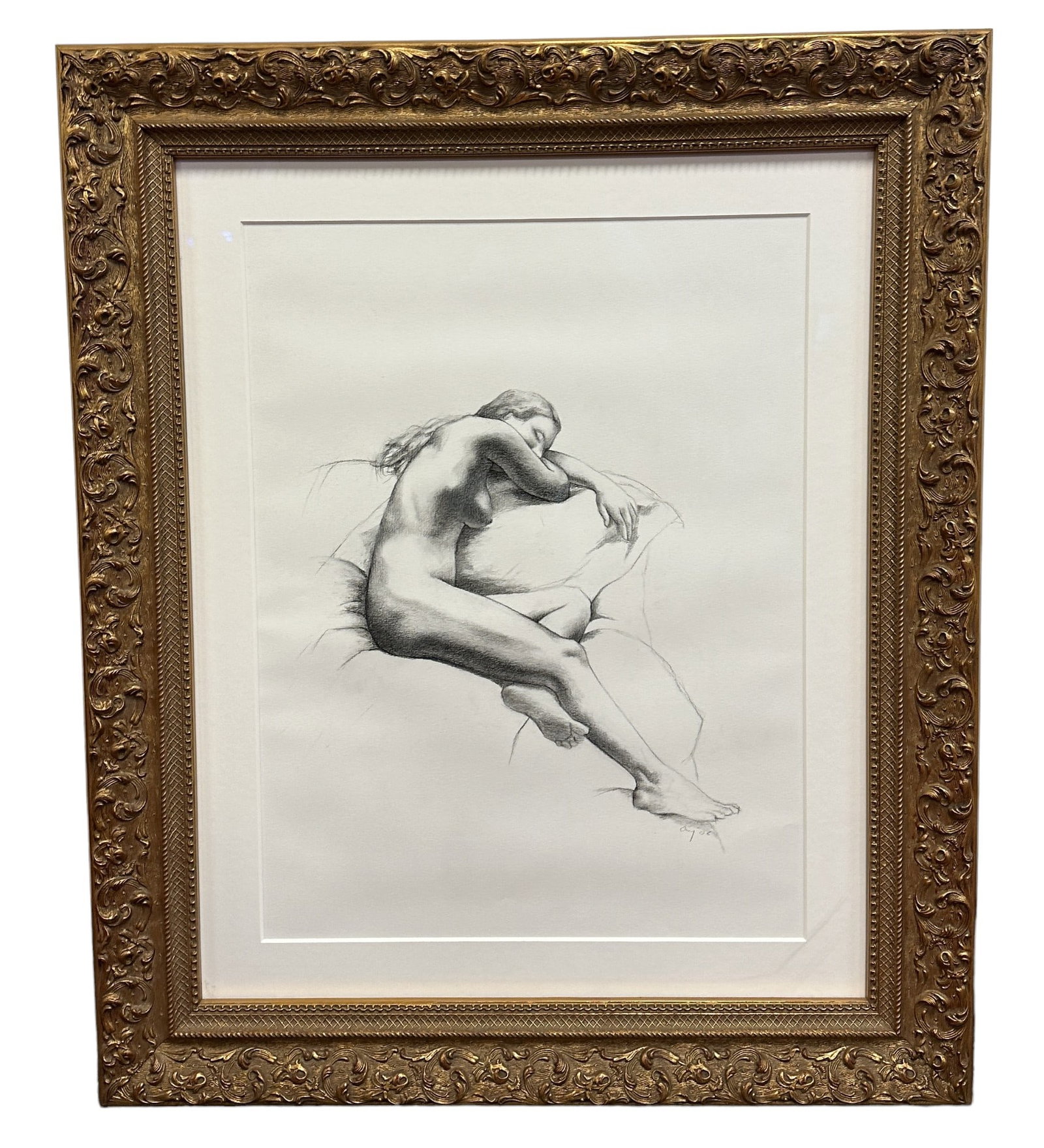 LARGE AYSE WILSON FRAMED NUDE DRAWING: Incredible Ayse Wilson Nude Graphite / Pencil showcasing her formal training. Special commission. Professionally framed in gilt frame at Sutton Place Frame Shop NYC. Measures 26"x32"x2. ". Weight 18 L