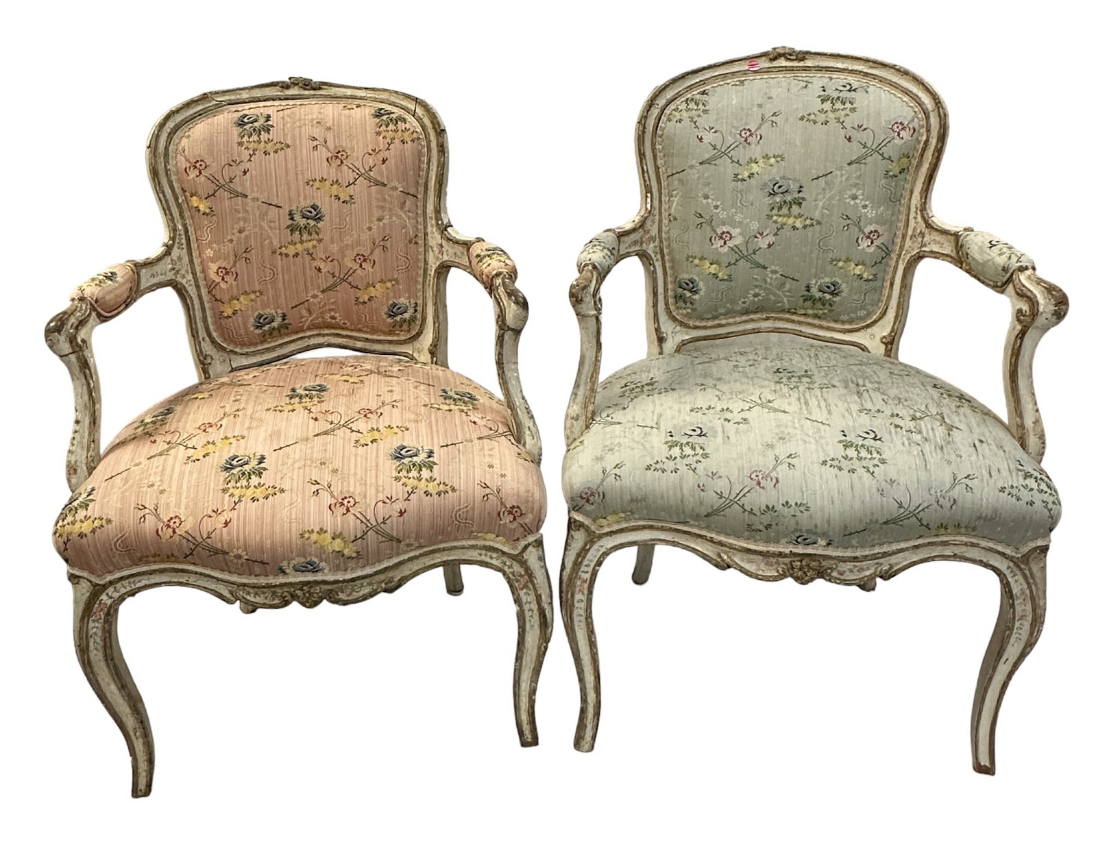 PAIR OF LOUIS XV CABRIOLET CHAIRS SILK UPHOLSTERY: Pair of Louis XV Style Cabriolet Chairs with High End Silk Upholstery in Pale Pink and Blue. Each 24"x18"x37".