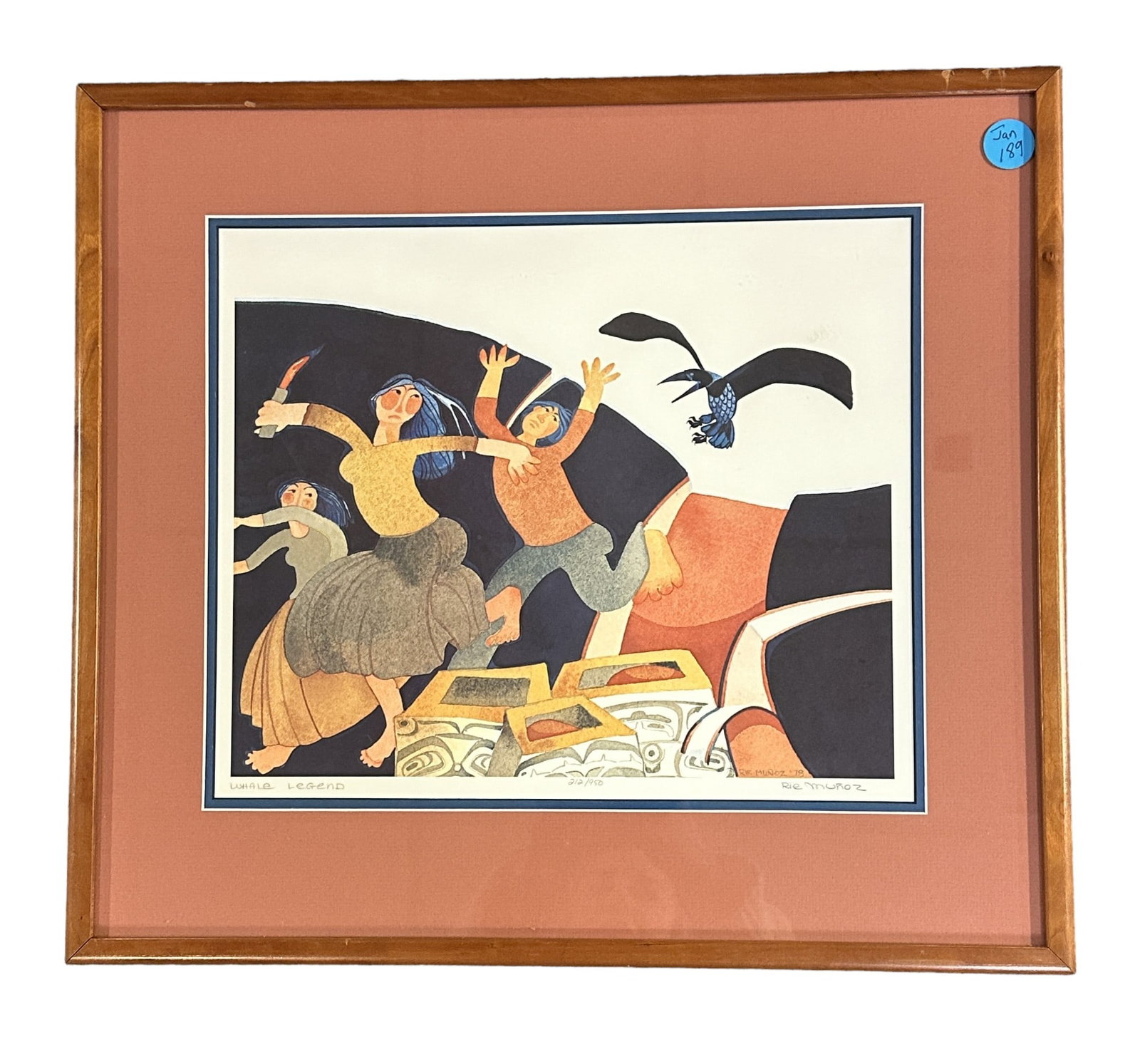 RIE MOUNIER MUNOZ WHALE LEGEND LITHOGRAPH SIGNED: Rie Munoz Limited Edition Lithograph "Whale Legend". #212/950. Signed in Pencil. Professionally frames. In frame 19 1/2"x18"x3/4" Weight 4 lbs 5 oz. Alaska regionalist painter Rie Mounier Munoz was th