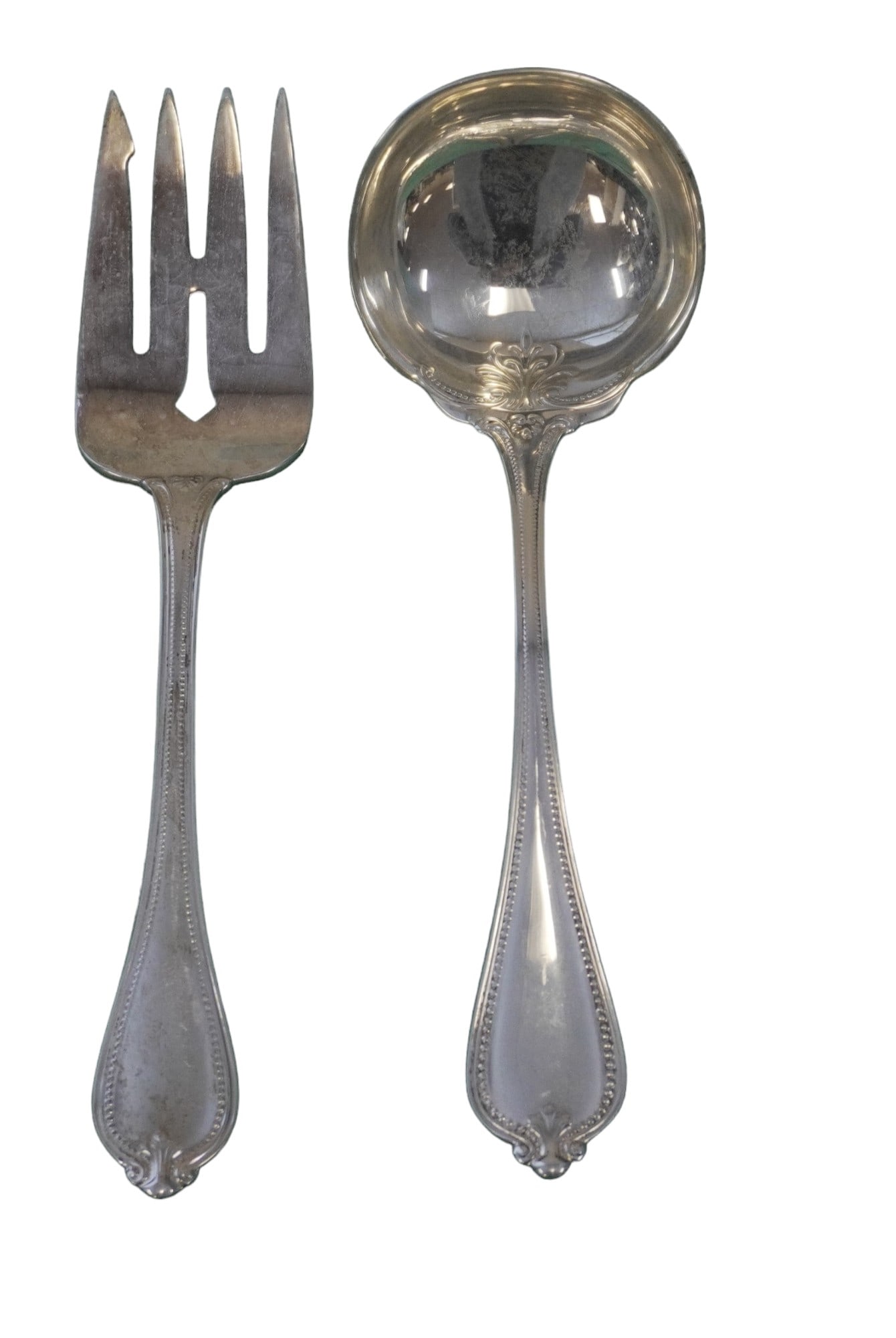2 pc TOWLE STERLING OLD NEWBURY GRAVY LADLE + COLD MEAT FORK: Towle Sterling Newbury Solid Gravy Ladle 6 3/4" and Cold Meat Fork 7 1/2". Excellent condition, like new. Weight on all 144 grams