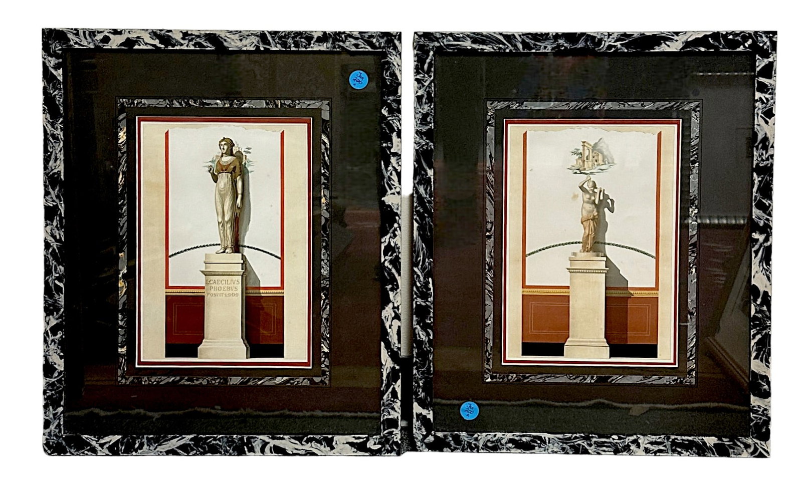 ANTIQUE PAIR OF ISIS PRINTS HOUSES & MONUMENTS OF POMPEII: Antique Prints of Isis in Custom Frames. Both from the Houses and Monuments of Pompeii by Fausto and Felice Niccolina, Volume I. Each 18.5"x22.75"x3/4". Weight combined 8 lbs 6 oz. PROVENANCE: A Priva