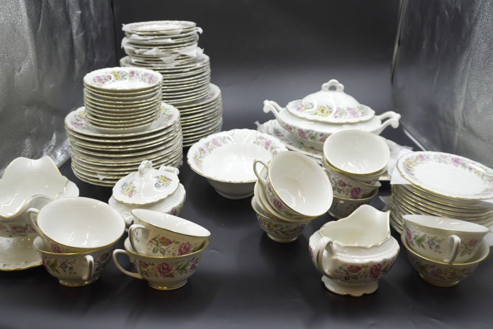 "LORD MAYFAIR" EMBASSY US VITRIFIED CHINA - 91 PIECE: MCM Circa 1961 Lord Mayfair by Embassy US Vitrified China Dinnerware for 12. Includes: (12) Dinner Plates, (12) Salad, (12) B & B, (12) Soup Bowls, (11) Berry Bowls, (12) Saucers, (14) Teacups, (8) Se