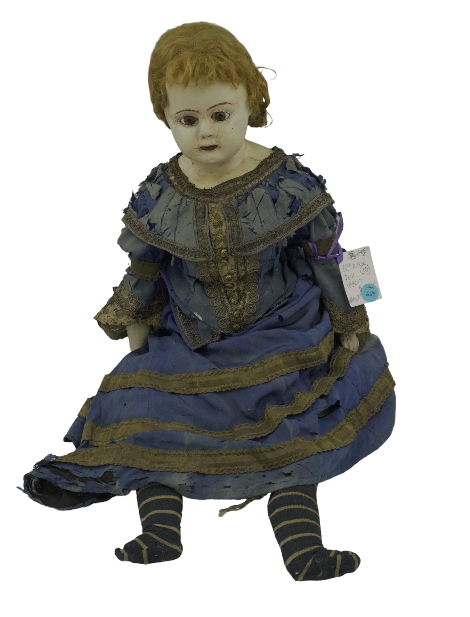 LARGE ANTIQUE WAX DOLL C 1880: Large Antique Wax Doll c. 1880. Entire Doll is Wax. Original Silk Clothing. Some waer to doll and clothes. 32". Weight 5 lbs.