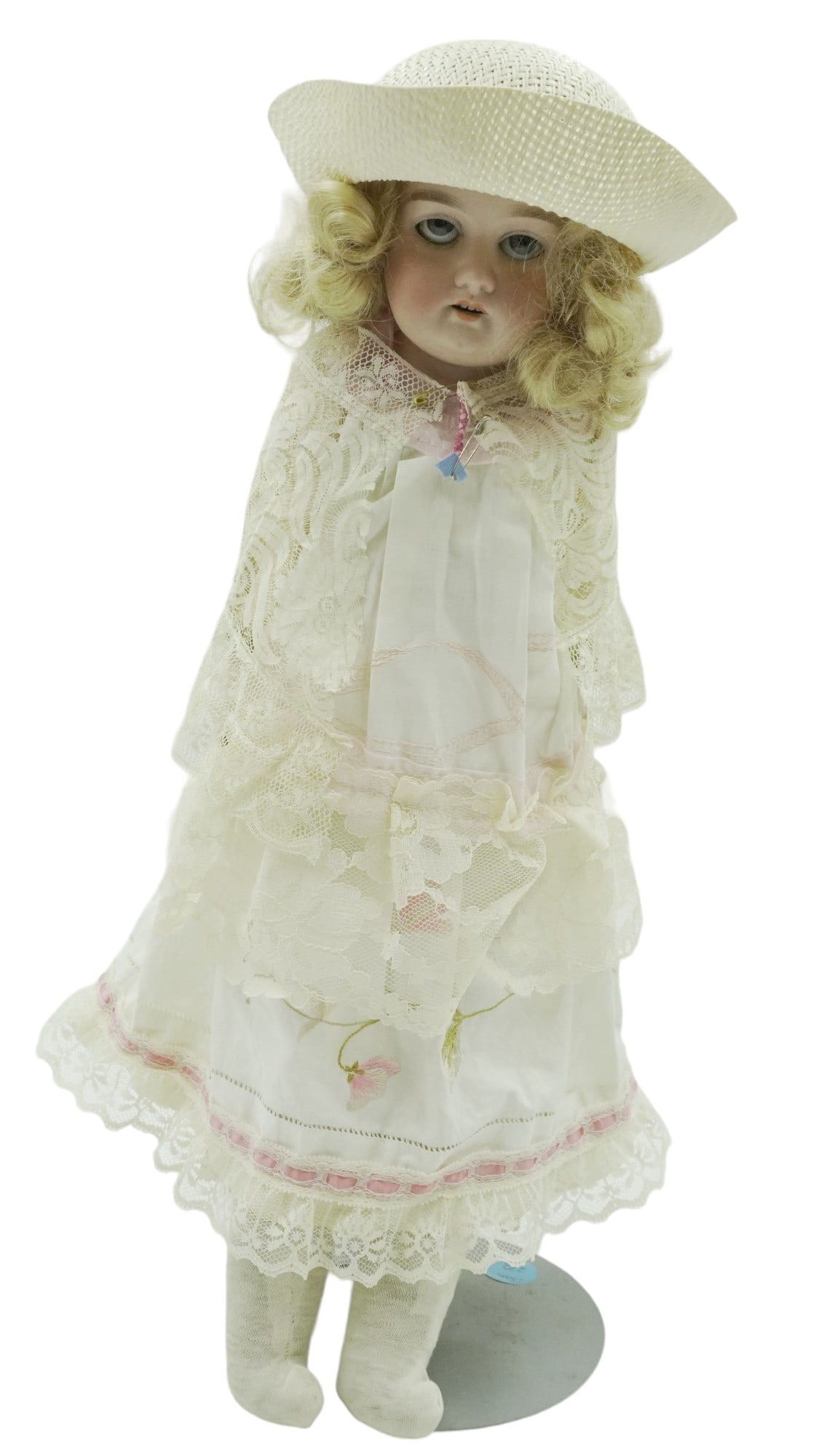 ARMAND MARSEILLE GERMANY 370 BISQUE HEAD DOLL: Antique Armand Marseille 370 Bisque Head Doll. Germany. Leather Body, blue glass eyes, open mouth with teeth. Measures 18" tall. Weight 2 lbs 6 oz.