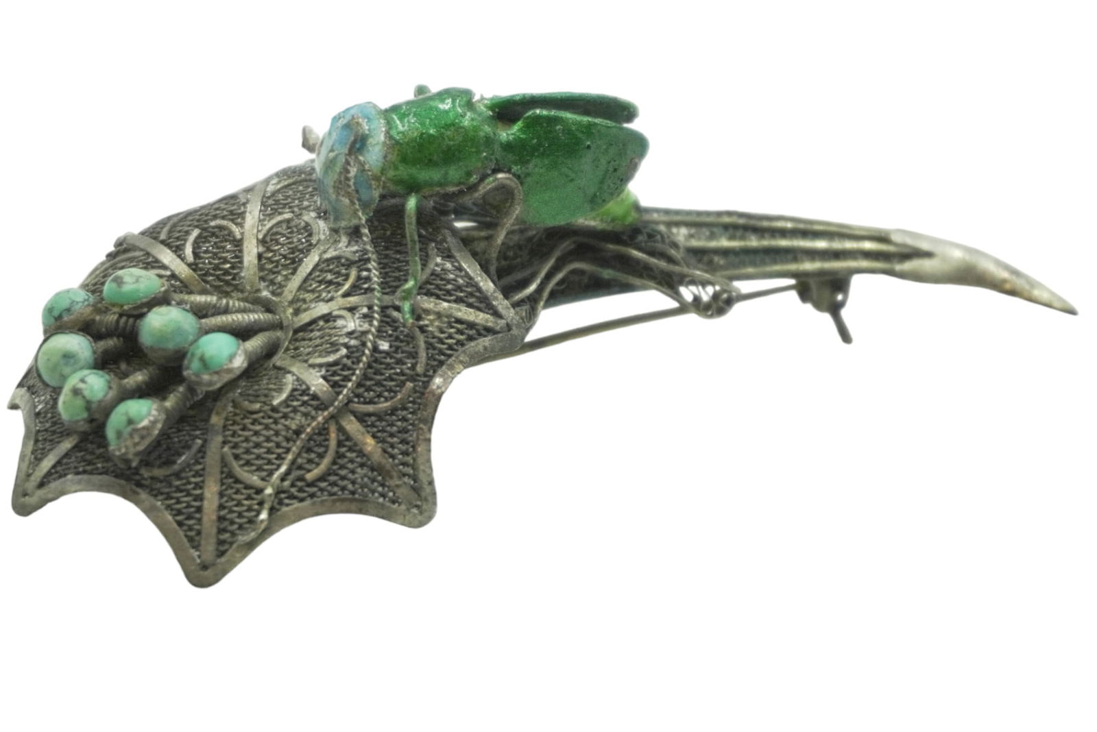 ANTIQUE CHINESE EXPORT FILIGREE ENAMEL GRASSHOPPER & TURQUOISE BROOCH (1 of 6)
