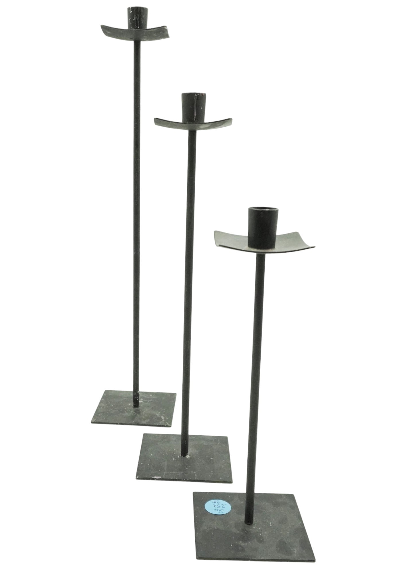 3 VINTAGE IRON GRADUATED CANDLESTICKS: 3 Vintage Black Iron Graduated Candlesticks, all bases 4"x4". 19", 15", 11.5". Weight on all 3 lbs 3 oz.