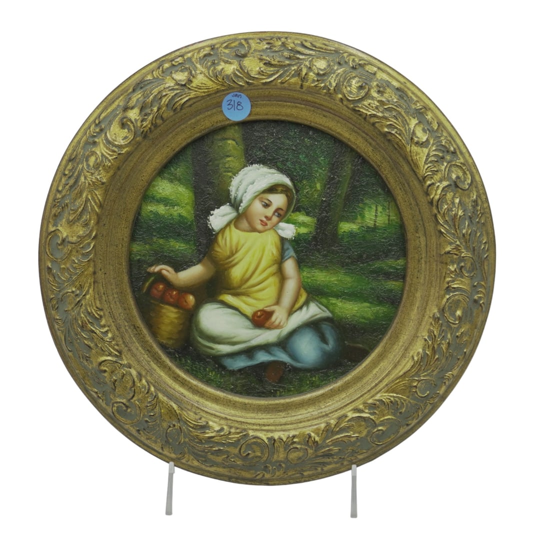 ROUND VINTAGE OIL ON WOOD PAINTING IN GOLD FRAME (1 of 4)