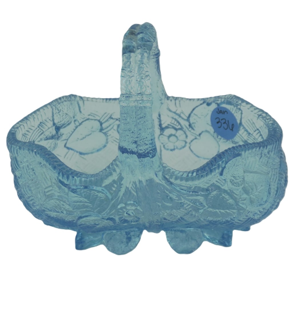 VINTAGE BLUE PRESSED GLASS BASKET: Vintage blue pressed glass basket. Measures 5.5" x 3" and weighs 14.7 oz.