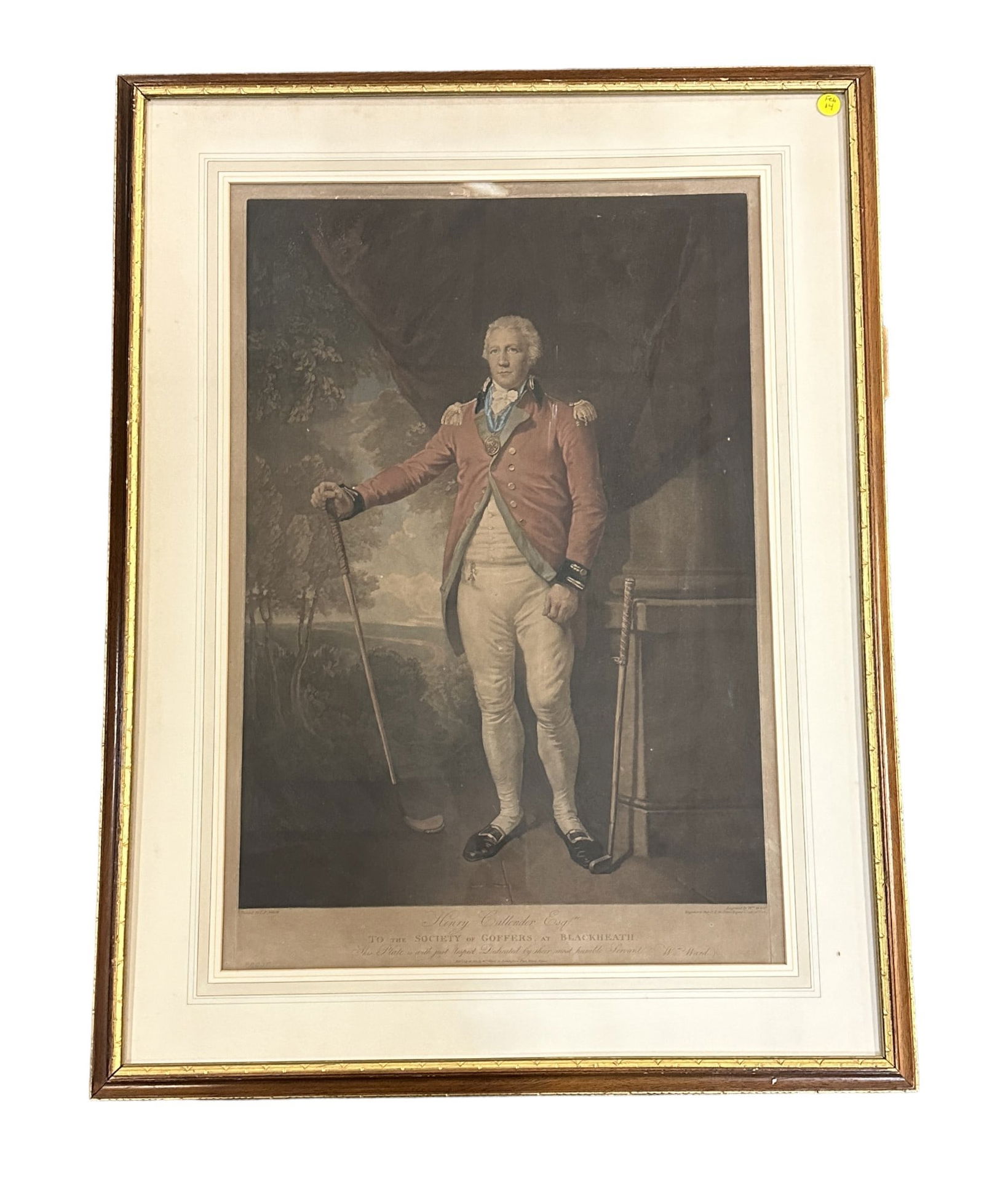 ANTIQUE MEZZOTINT HENRY CALLENDER ESQ: Antique Mezzotint, Portrait of Henry Callender standing full-length in a landscape in the attire of Captain General of the Blackheath Golf Club. Engraved by William Ward, Published July 16, 1812 after