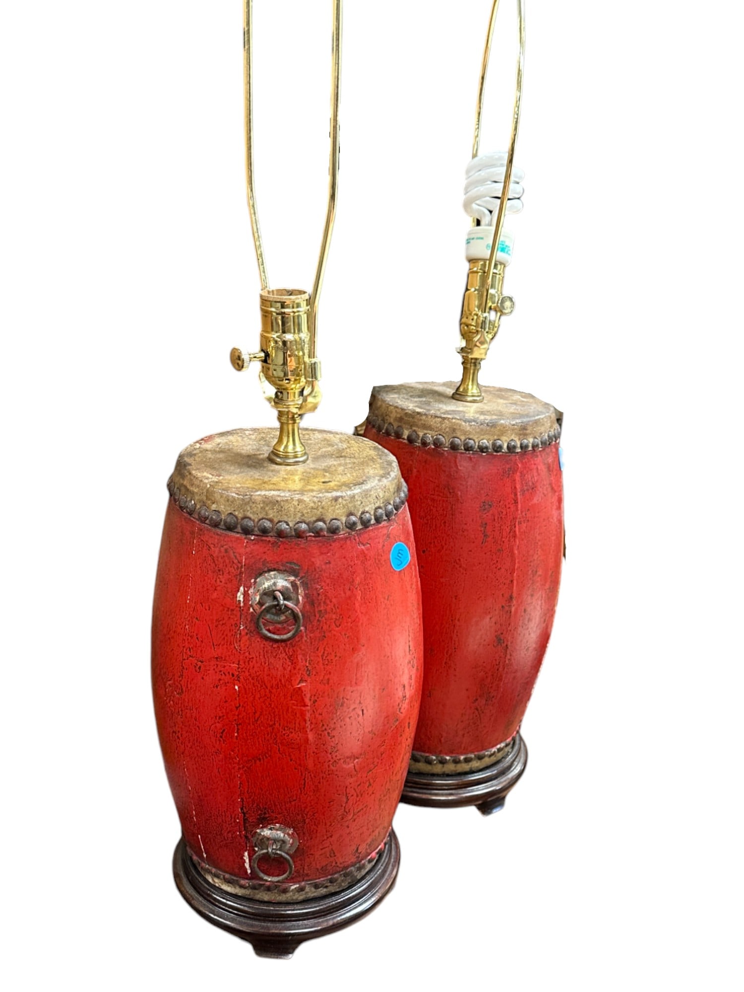 PAIR ANTIQUE CHINESE RED DRUMS MOUNTED AS LAMPS (1 of 3)