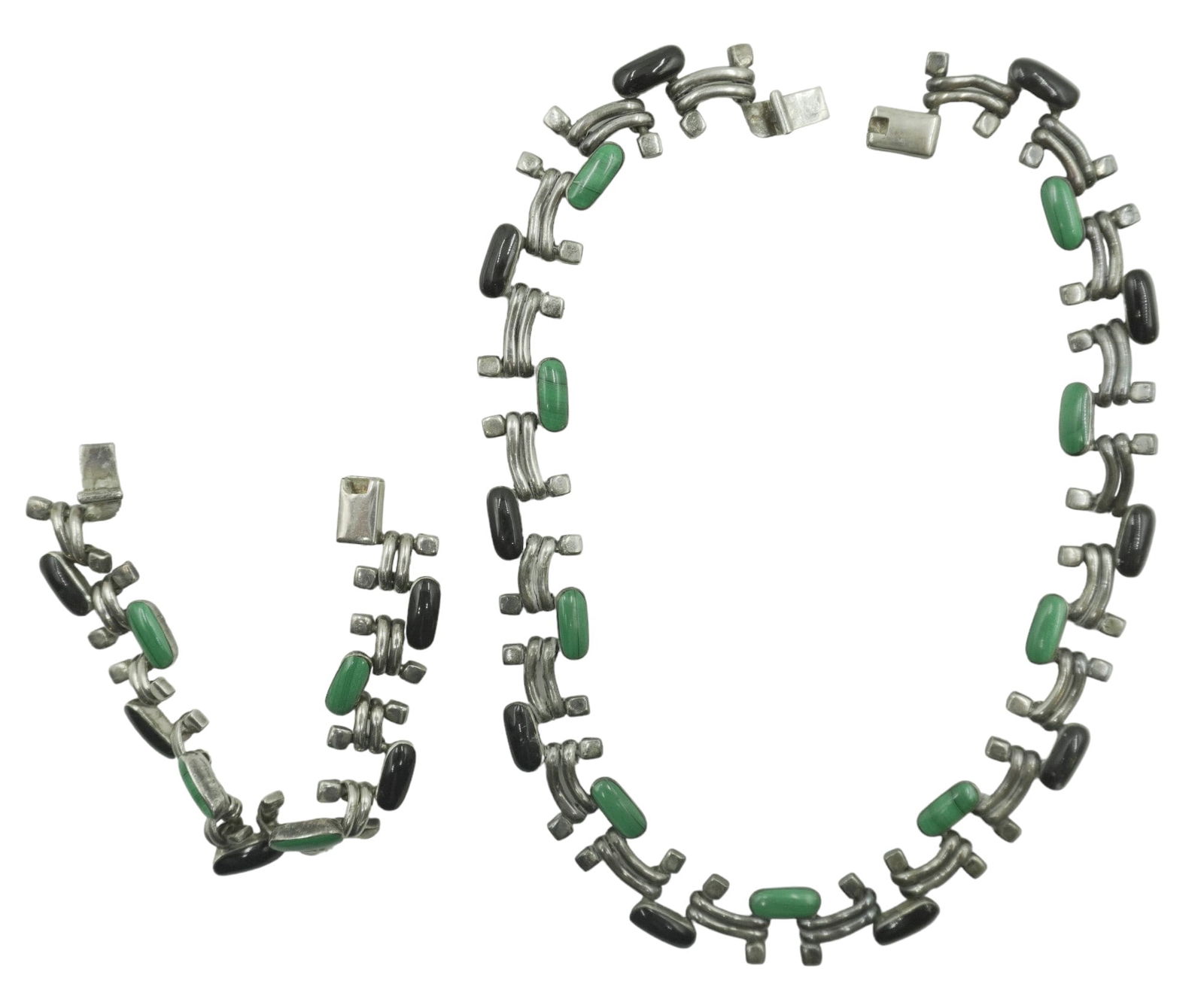 2 PC VINTAGE TAXCO STERLING MALACHITE & ONYX NECKLACE - BRACELET (1 of 7)