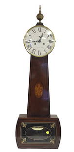 HOWARD MILLER AMBASSADOR COLLECTION INLAID WALL CLOCK: Vintage Howard Miller Ambassador Collection Mahogany Banjo Clock. Silent & Chime Settings. Convex & Curved Glass Face. Fruitwood Inlay. Key & Pendulum. Works well. Measures 11.5" wide 5" deep and 36"