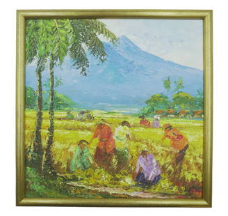 BALI MT AGUNG CONTEMPORARY IMPRESSIONIST: Acrylic on Canvas Painting of Mt. Agung in Bali. Signed lower right. In gilt frame measures 12.25"x12.25"X1". Weight 1 lb 6 oz.