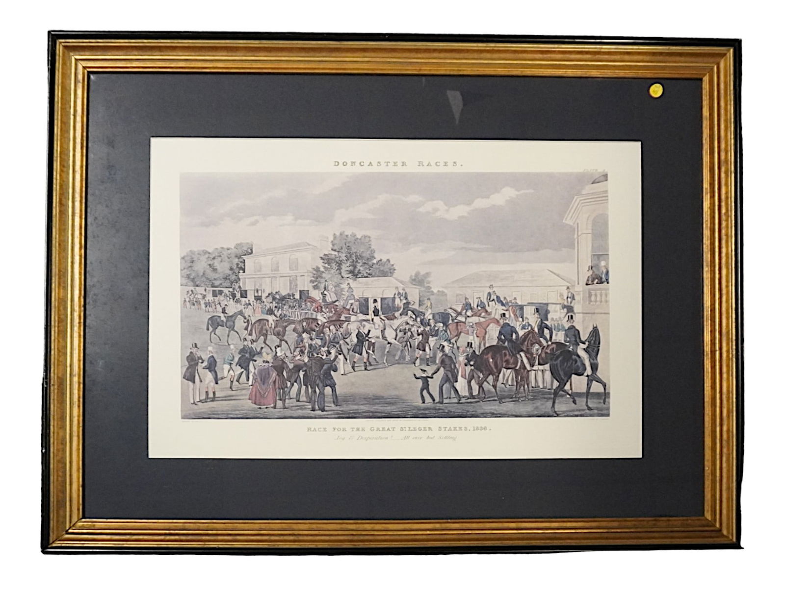 DONCASTER RACES ENGRAVING POLLARD: Race For the Great St. Leger Stakes, Doncaster Races 1836. Painted by Jas. Pollard , Engraved by J. Harris. Professionally framed, 19 1/4"H. x 28 1/2"W (work itself) In rame 30 3/4"H x 40 1/4"W. Weigh
