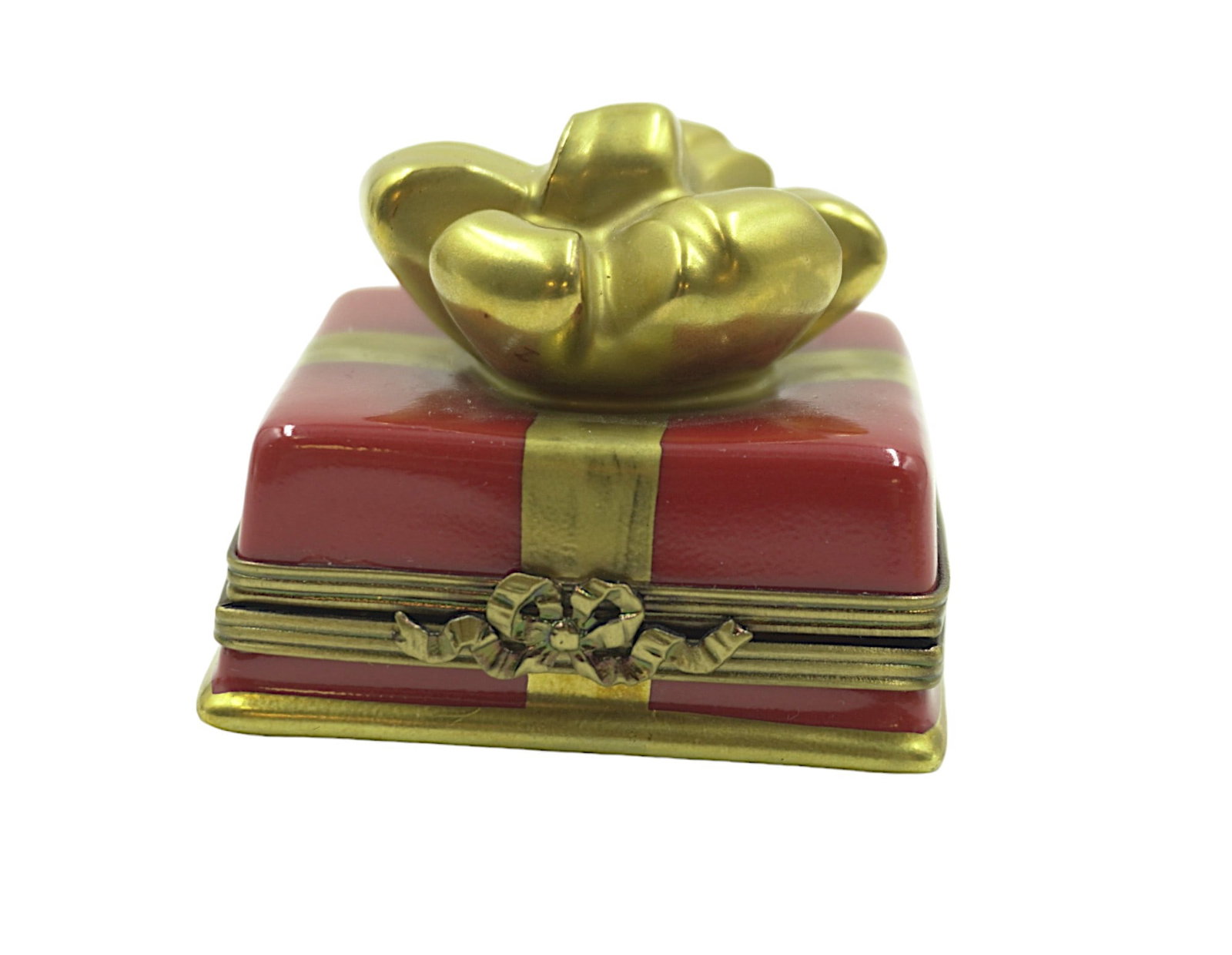 BON BON LIMOGES BOX WITH CANDIES INSIDE: Bon Bon Limoges box with bon bons inside. All hand painted porcelain from France. Featuring bow clasp, 4 loose bon bons inside, and gold detailing inside. Signed Limoges Imports Peint Main Limoges Fra