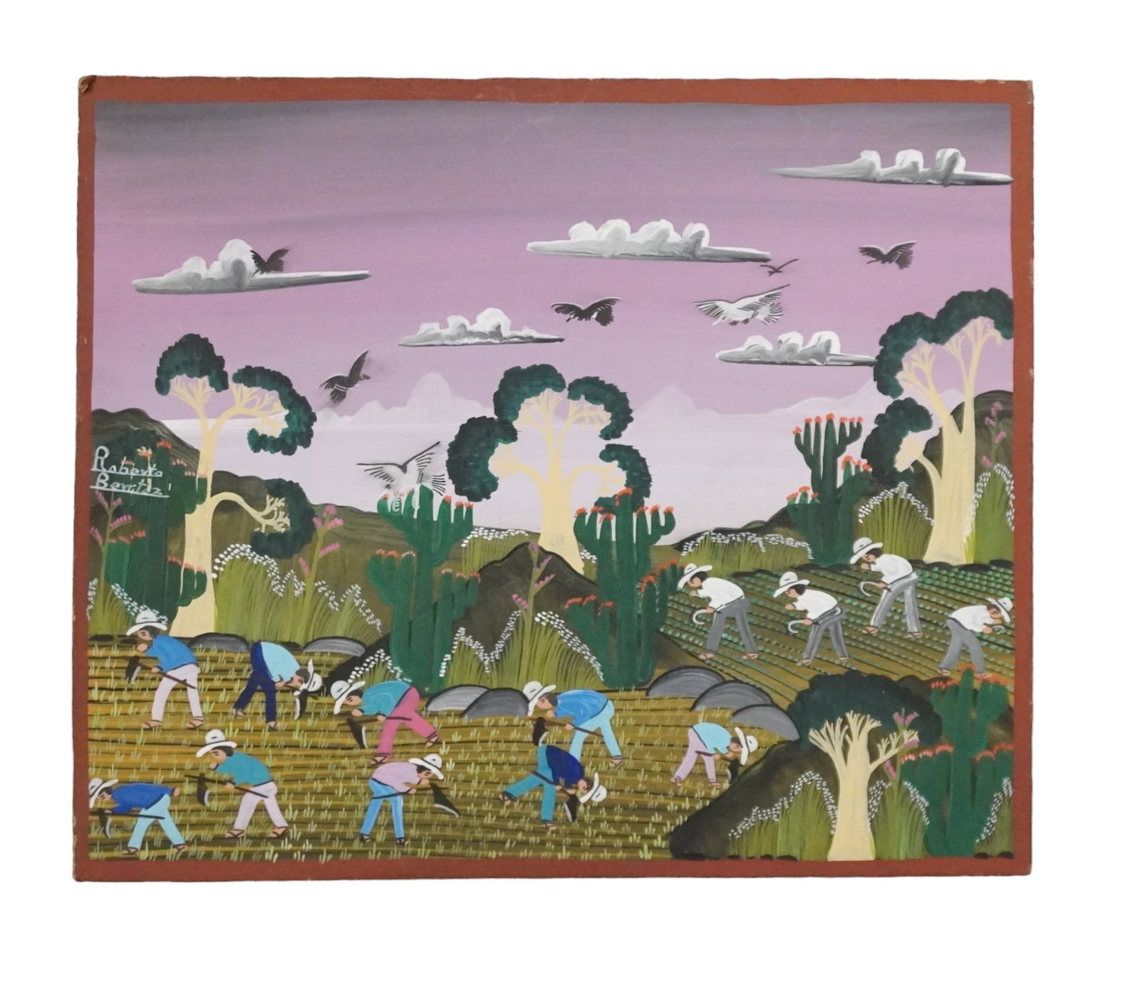 ROBERTO BENITEZ FOLK ART OIL PAINTING ON BOARD: Folk Art Landscape Oil Painting by Popular and well-listed Mexican / Spanish artist Roberto Benitez (Spain, b. 1958) | Oil on Board | Vibrant Folk Art Village Farm / Harvest Scene | Signed by the arti