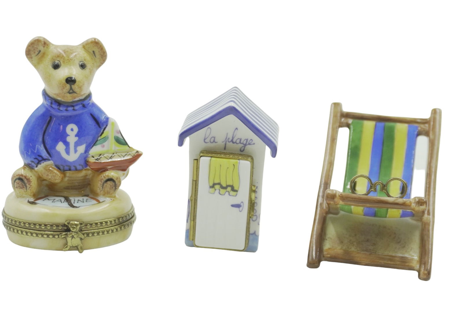 LIMOGES BOXES - LOT OF 3: Lot of 3 Limoges boxes all hand painted porcelain from France. This lot includes 1) Beach cabana/changing room signed on bottom Peint Main GV with number of limited edition on it. Nude person painted