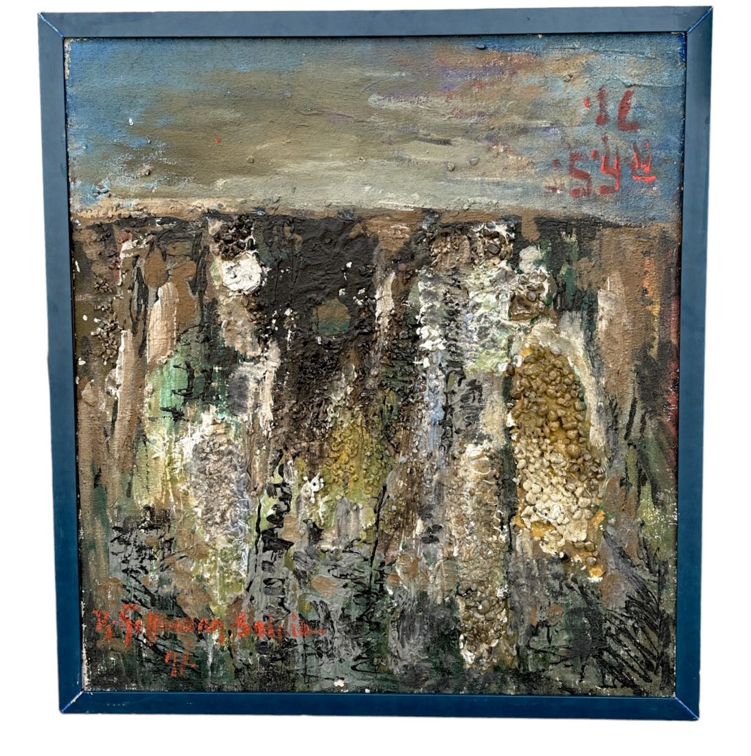 ROBERT HOFFMANN SALPIA (1887-1983) MCM ERDRUTSCH AKRILF: Robert Hoffmann-Salpia (Polish/German,1887-1983) MCM Fauvist Dimensional Rocks and Oil on Canvas Erdrutsch Akrolf (Landslide).On burlap canvas laid on board 1971. Signed on top and on bottom so it can