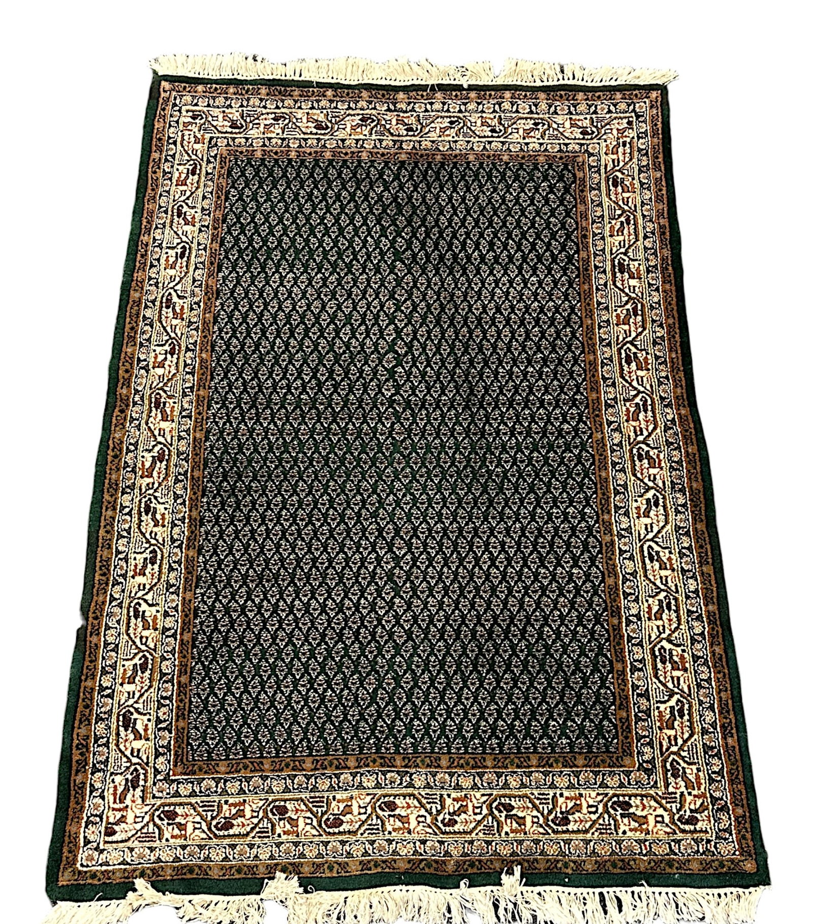 VINTAGE COURISTAN GREEN ORIENTAL RUG BELGIUM: Vintage Couristan Oriental Green and Cream Wool Rug. Power loomed in Belgium in a Boteh Mir Paisley Pattern. .Measures 72" x 46"