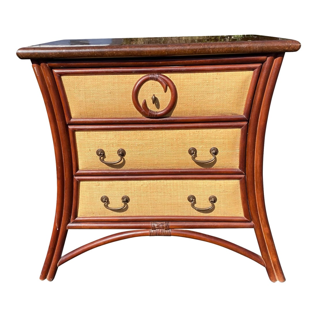 BRITISH COLONIAL STYLE GRASSCLOTH & FAUX BAMBOO 3 DRAWER CHEST (1 of 8)