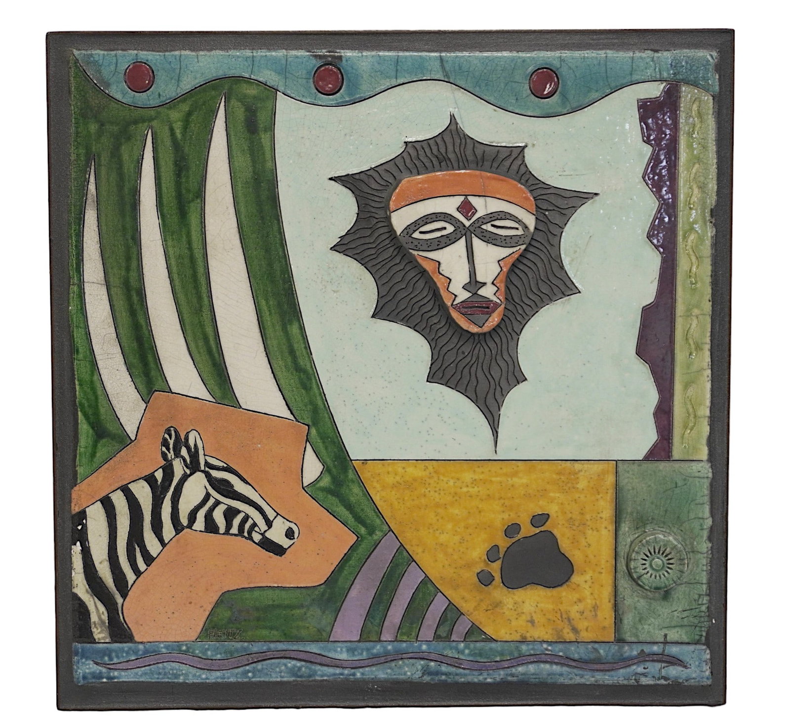 STEPHEN FLEITZ METAL WITH CERAMIC GLAZES WALL ART: Stephen Fleitz Metal with Ceramic Glazes African Wall Sculpture. Measures 24.75"x24.75"x3". Weight 42 lbs. Operating from studios in Venice and San Francisco, Stephen Fleitz strikes a dramatic chord w