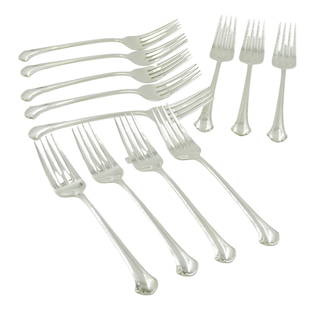 12 STERLING SILVER CHIPPENDALE SALAD FORKS: Twelve (12) Towle Sterling Silver Chippendale Sterling Individual Salad Forks 6 3/4". Approximate silver weight 436 grams. Chippendale silver by Towle features a curvaceous, understated design