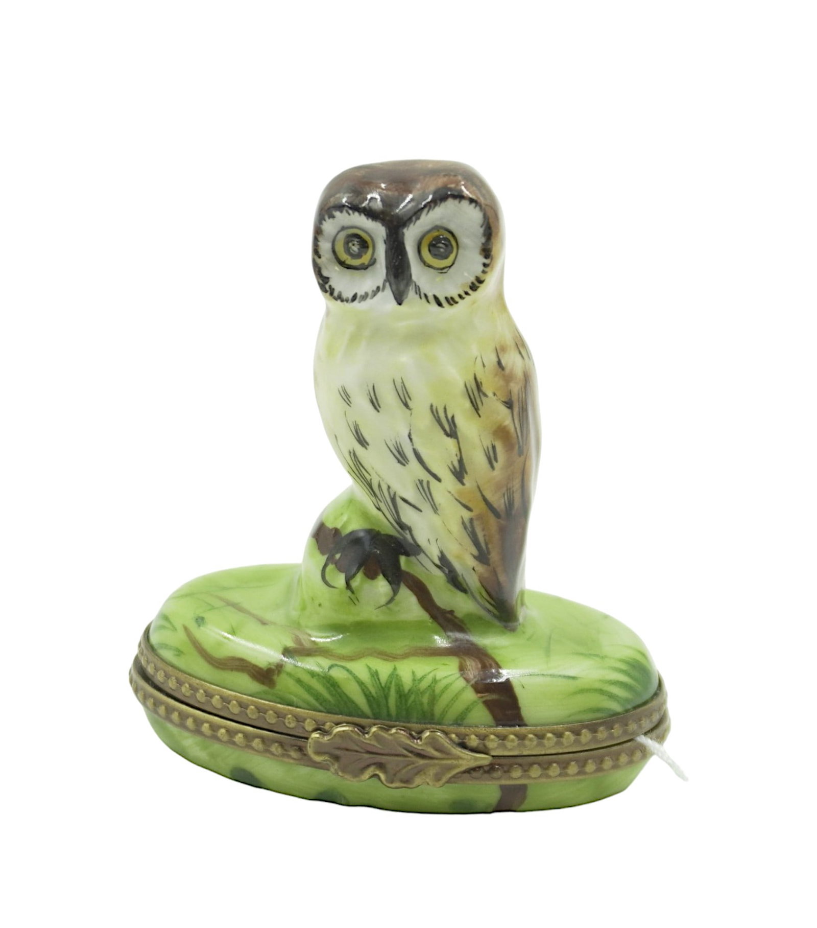 OWL LIMOGES BOX: Owl Limoges box. Hand Painted porcelain from France. Featuring a 3D owl with leaf shaped clasp. Signed Limoges France Marque Deposee Peint Main with original sticker inside "Limoges Porcelaine Puy De 