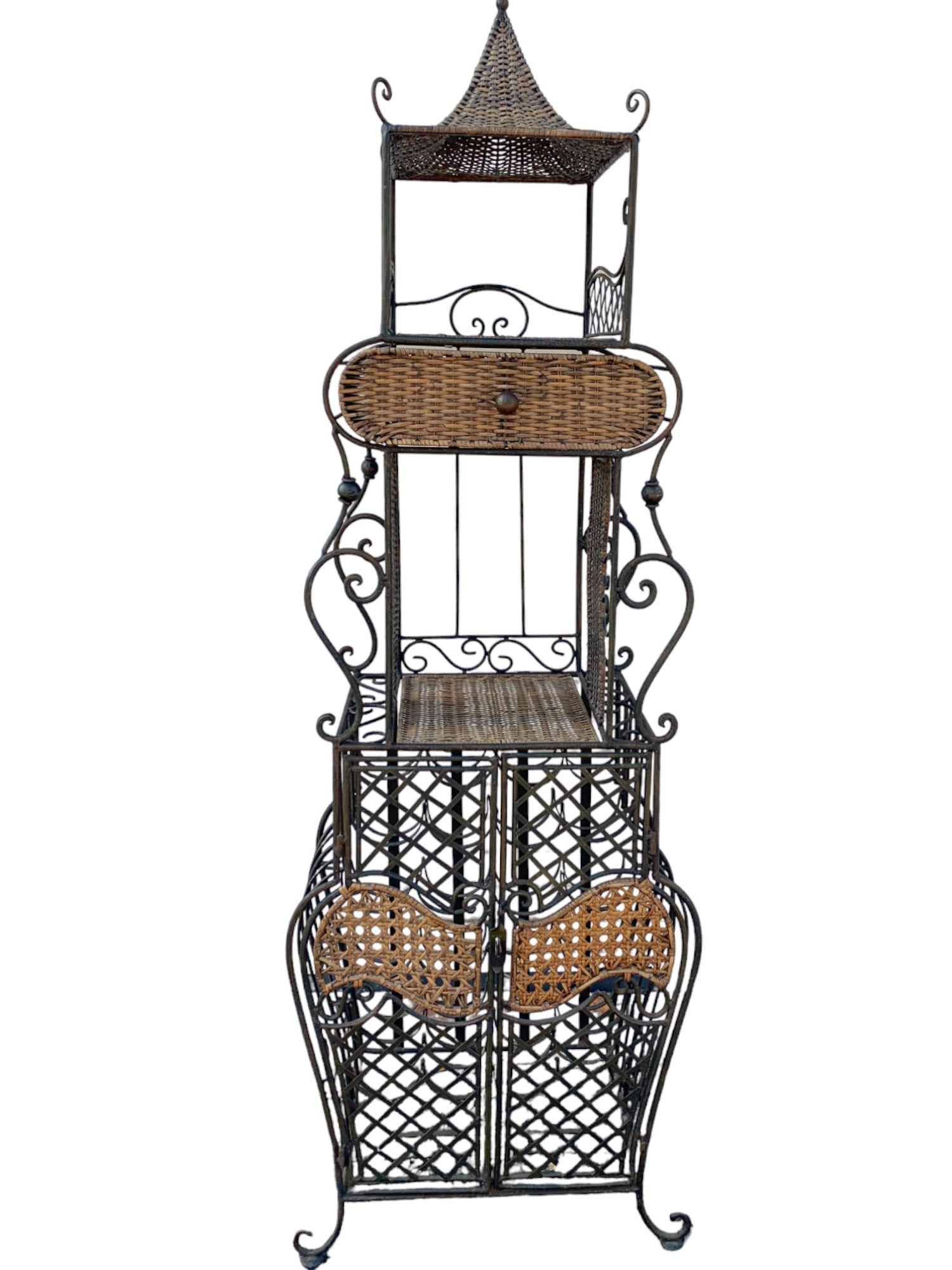 VINTAGE 1950's FRENCH IRON & WOVEN WICKER STANDING WINE RACK: Rare Mid Century Modern French Iron & Wicker Standing Wine Rack/ Etagere. Measures 70" x 24" x 14".