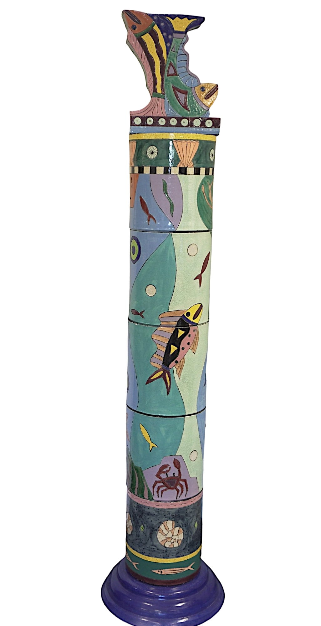 STEPHEN FLEITZ POTTERY WITH CERAMIC GLAZES TOTEM POLE: Stephen Fleitz Pottery with Ceramic Glazes Totem Pole. Measures Weight 42 lbs. Operating from studios in Venice and San Francisco, Stephen Fleitz strikes a dramatic chord with his sculptural ceramics.