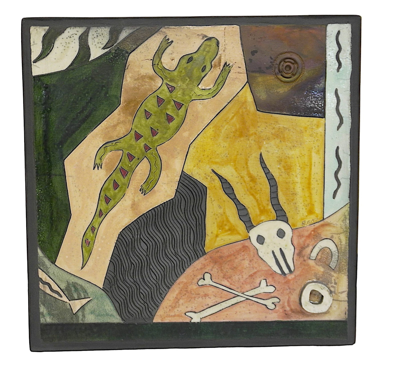 STEPHEN FLEITZ METAL WITH CERAMIC GLAZES WALL ART: Stephen Fleitz Metal with Ceramic Glazes African Wall Sculpture. Measures 24.75"x24.75"x3". Weight 42 lbs. Operating from studios in Venice and San Francisco, Stephen Fleitz strikes a dramatic chord w