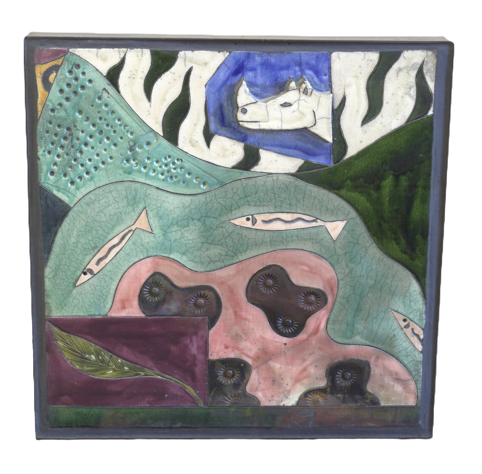STEPHEN FLEITZ METAL WITH CERAMIC GLAZES WALL ART: Stephen Fleitz Metal with Ceramic Glazes African Wall Sculpture. Measures 24.75"x24.75"x3". Weight 42 lbs. Operating from studios in Venice and San Francisco, Stephen Fleitz strikes a dramatic chord w