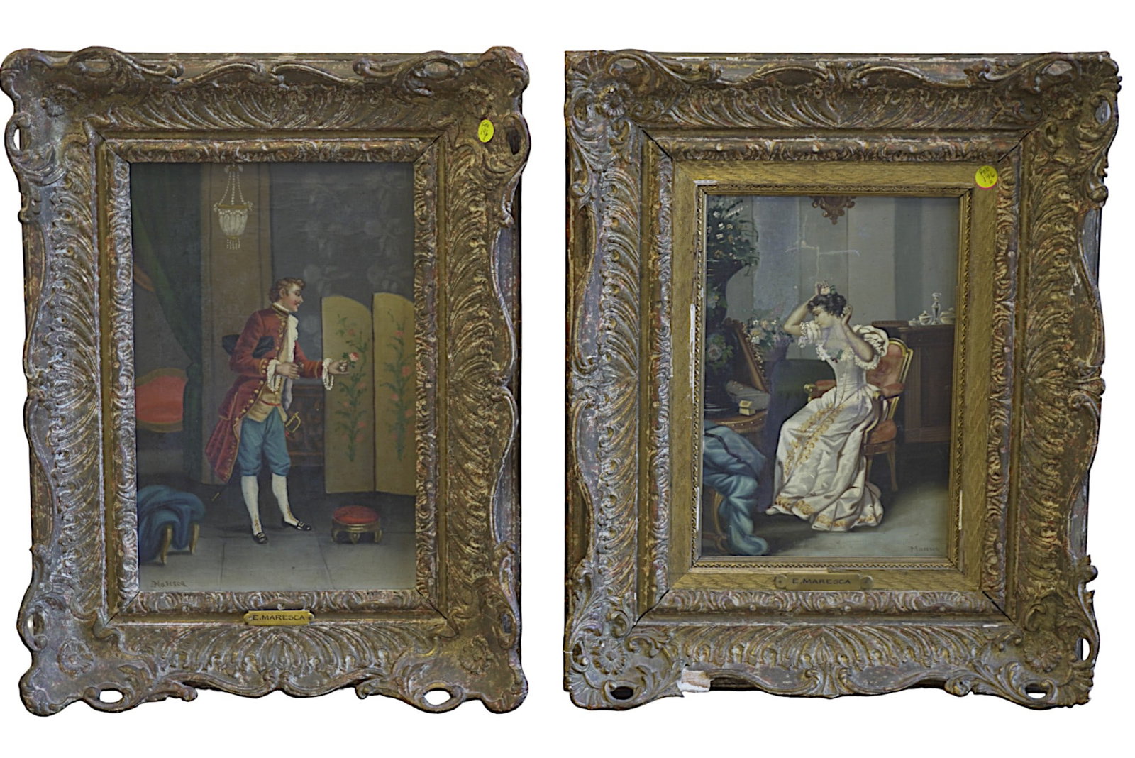 PAIR ITALIAN 19TH C ROMANTIC OIL PAINTINGS: Pair Oil on Canvas Paintings, with Brass tags "E.. Maresca" Italian , 19th Century. Works are on older stretchers, the woman has been relined, still needs restoration. Both housed in ornate antique wo