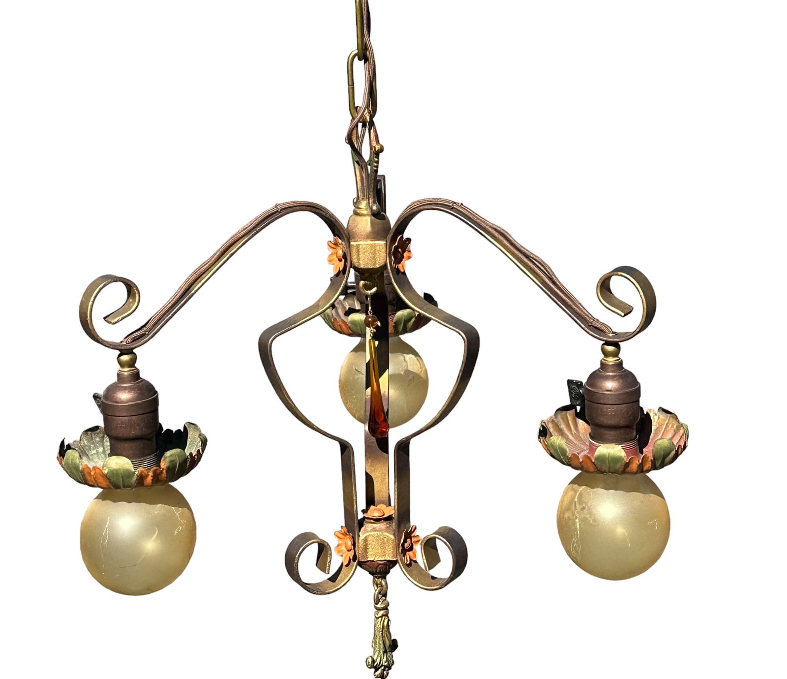3 ART DECO POLYCHROME 3 ARM CHANDELIER MARKEL: 3 Matching Art Deco 1920-30 MEP Polychrome 3 arm Chandelier. Markel Electric Products (MEP) was founded by Joseph Markel (1888-1966) in 1920. Markel was born in Lithuania and came to the United States