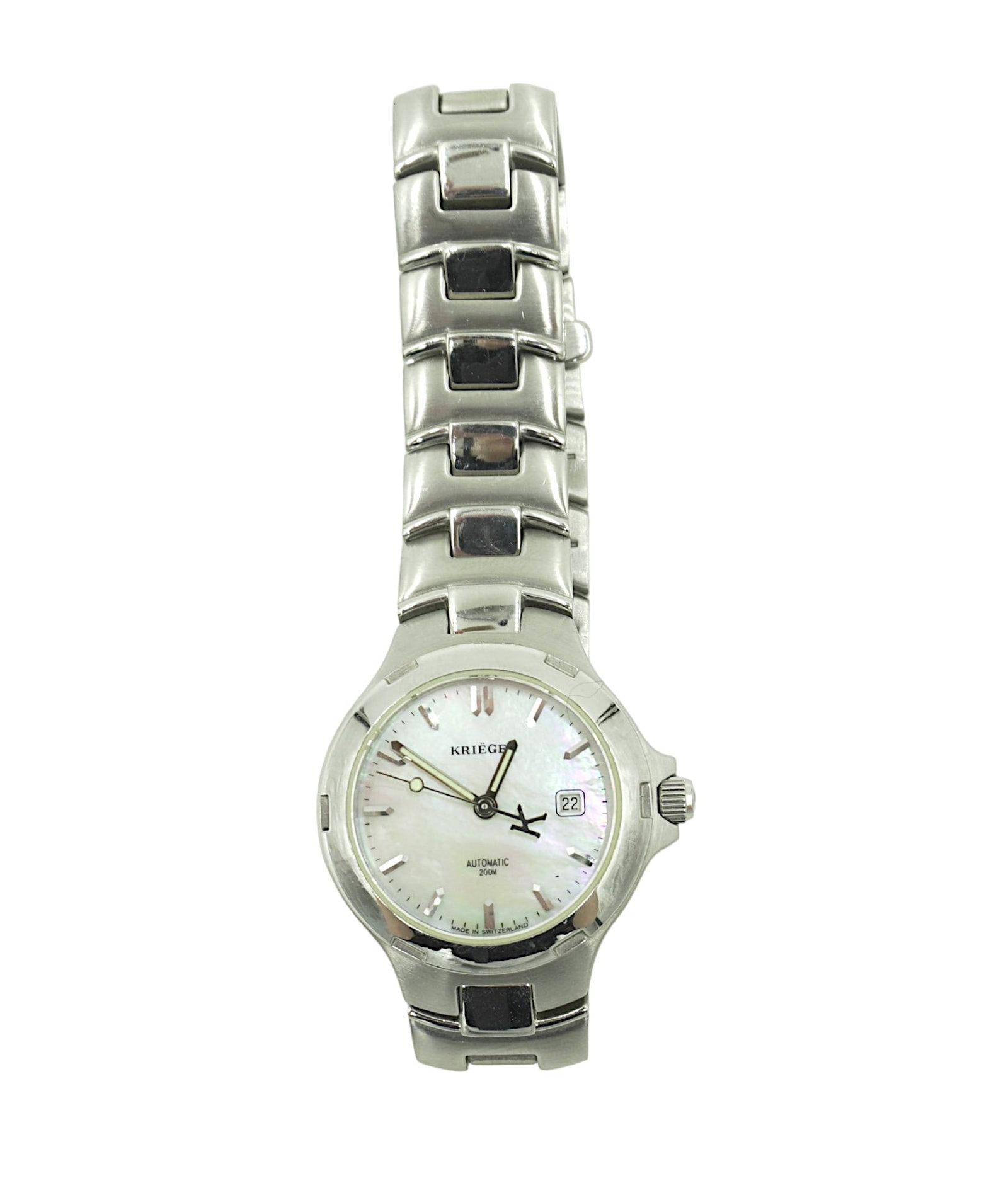 KRIEGER SWISS STAINLESS STEEL OCEANO WATCH: Krieger Swiss Oceano Stainless Steel Pearlescent Dial Automatic Ladies Watch L501.2. Automatic. Runs well. Excellent condition.
