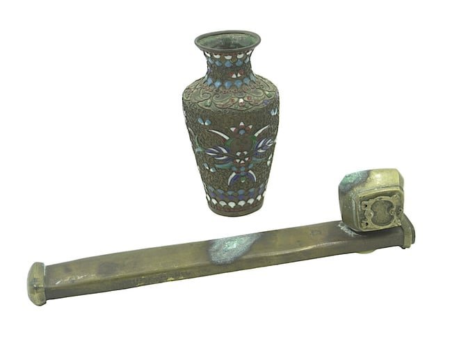 LOT OF ANTIQUE BRASS DIVIT QALAMDAN + CLOISONNE VASE (1 of 6)