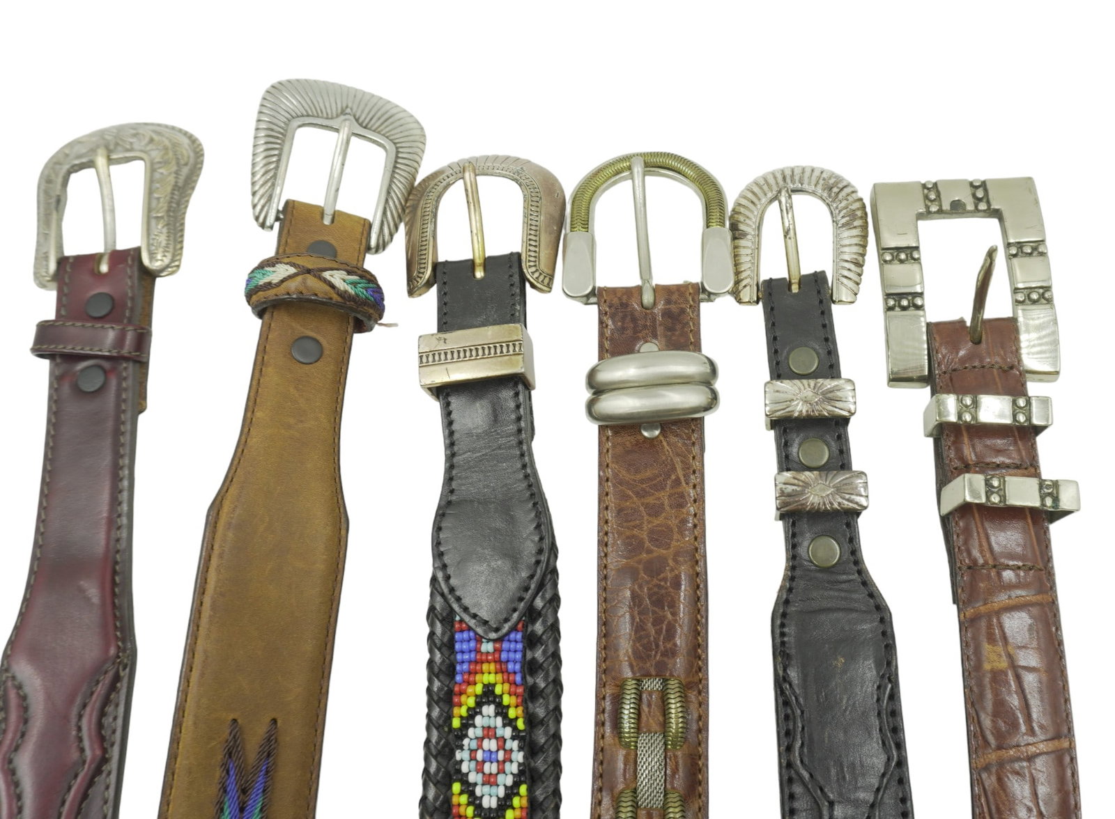 VINTAGE WESTERN STERLING & LEATHER BELTS - 6 PIECES: 6 Vintage Western Leather and Sterling Belts. Size 38 & 40. Total Weight 3 lbs.