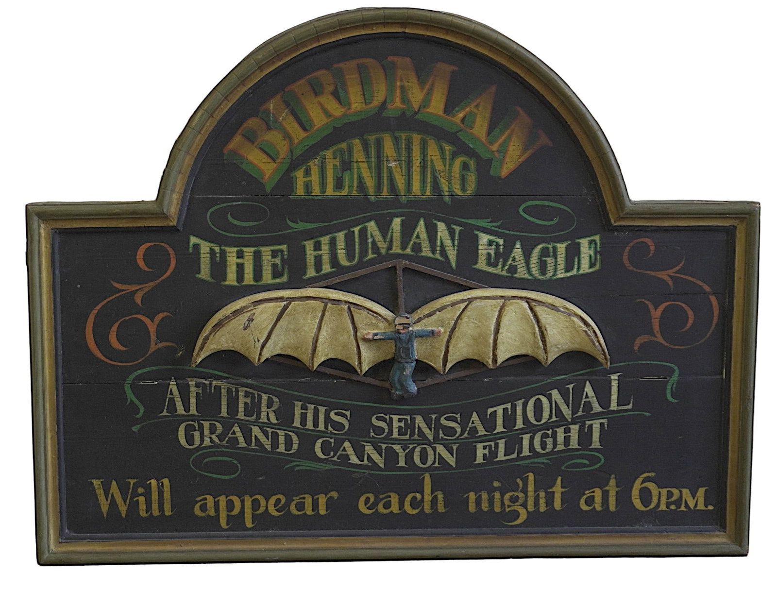 VINTAGE CARVED BIRDMAN DIMENSIONAL SIGN: Vintage Carved Birdman Dimensional Wood Sign. Measures 36"x 27.5"x2" Weight 16 lbs, PROVENANCE: Terri Henning Collection, The Peoples Building Penthouse,18 Broad Street, Charleston SC, as seen in Arch