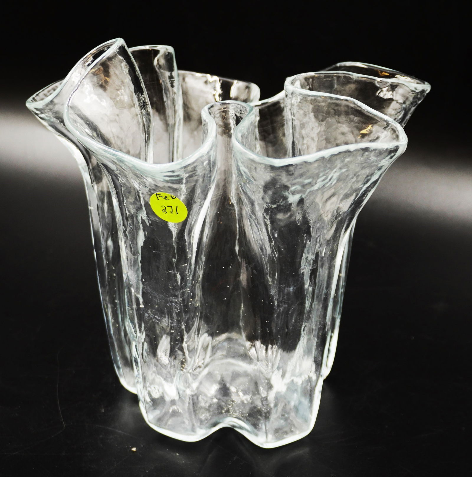 VINTAGE SCANDANAVIAN HANDKERCHIEF VASE: Vintage Scandanavian Handkerchief Glass Vase. Measures 8"x8"x8.5". Weight 3 lbs