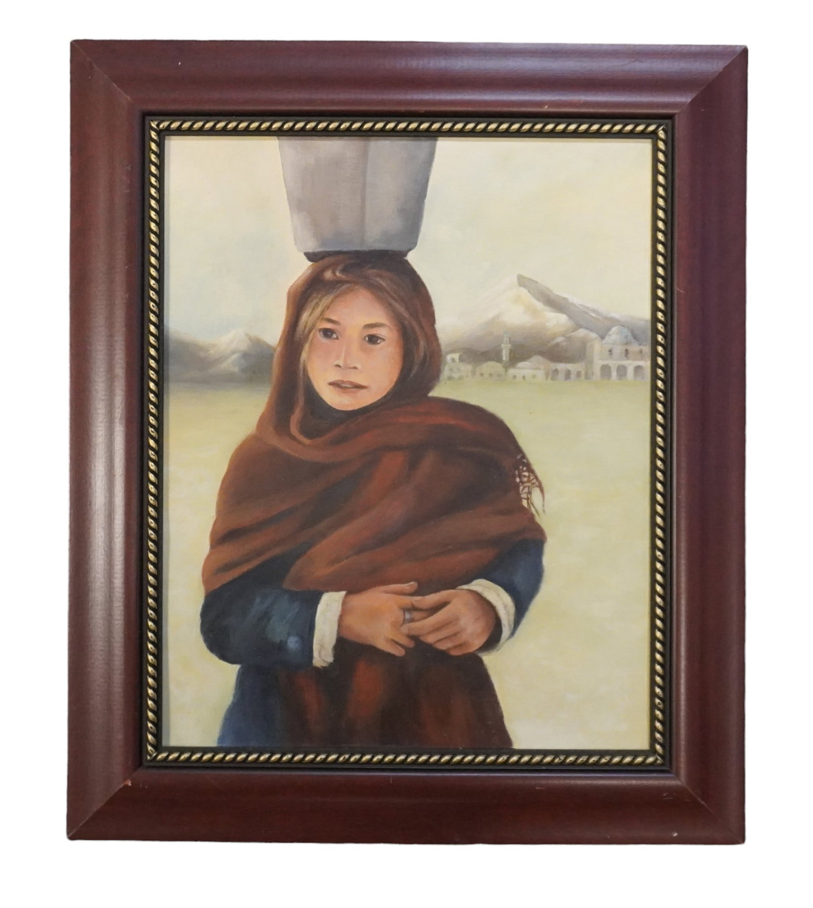 VINTAGE ORIGINAL PAINTING AFGHAN GIRL: Vintage Original Painting on Canvas by Judith "Torrie" Blumenheim. Young Girl, Afghanistan. Wood Frame. In frame 22"x26"x1". Weight 4 Lbs. 12 oz.