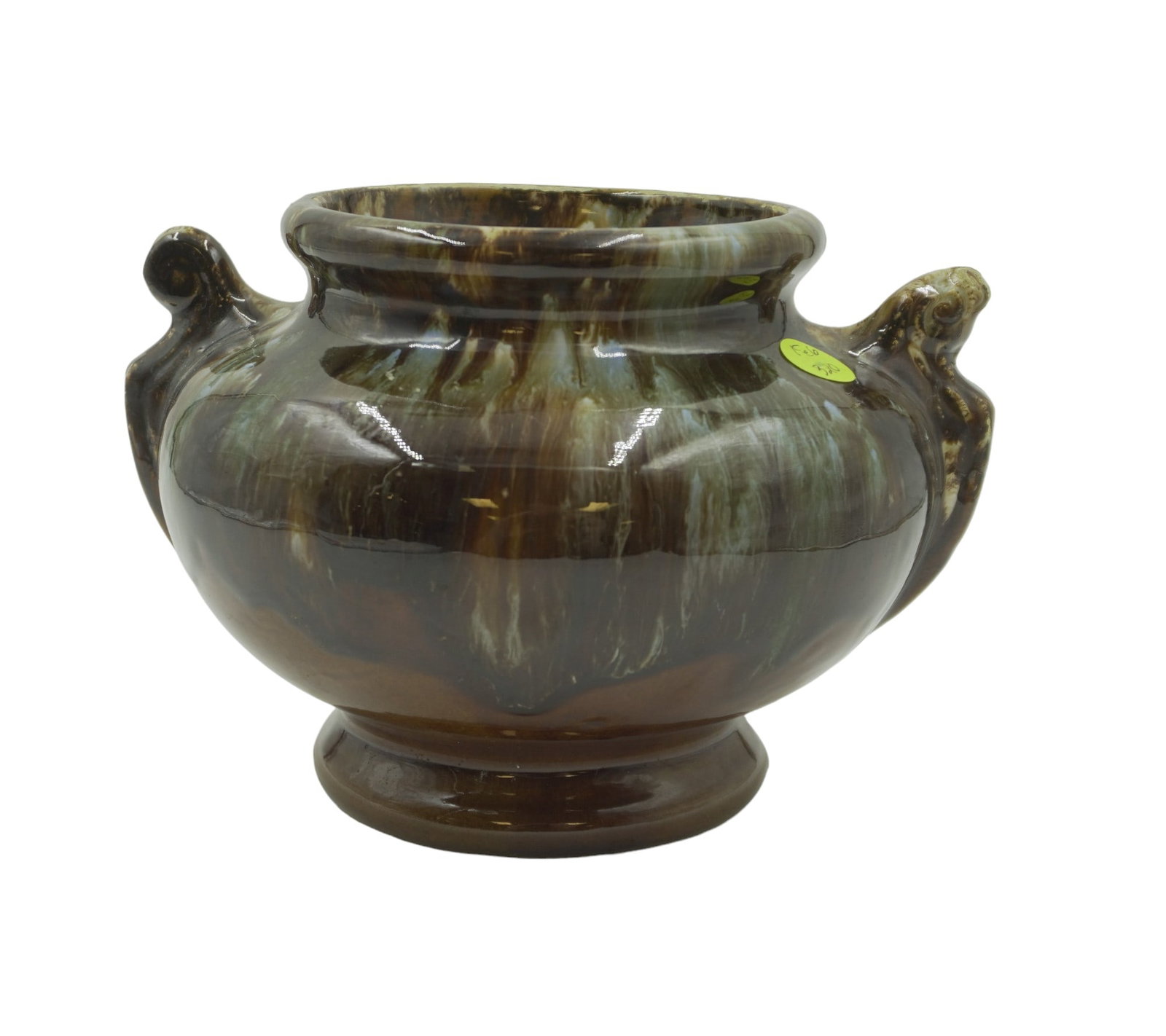 NELSON MCCOY ONYX LINE URN: Vintage Nelson McCoy Onyx Line Urn in the Brown Marbelized Drip Glaze, 8.5"x6" high. Nick to bottom. Glaze flake to handle. Weight 3 lbs 3 oz.