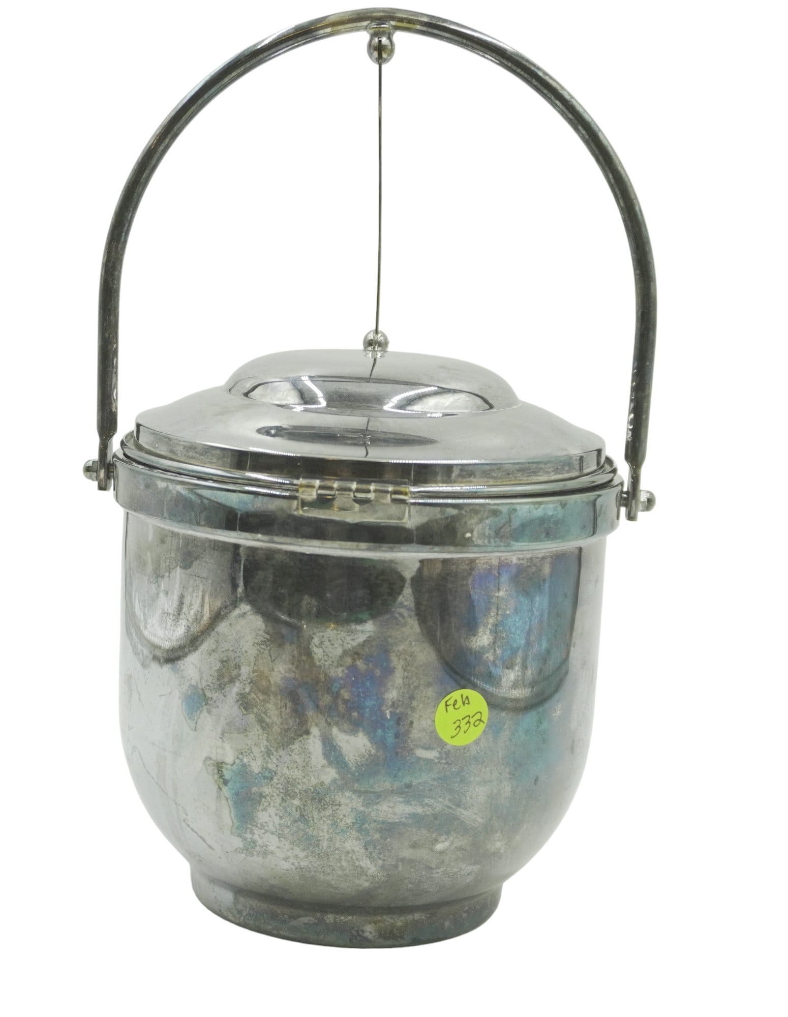 PILGRIM SILVER PLATE ICE BUCKET W/SMOOTH LEVER LID: MCM Pilgrim Silverplate Ice bucket with smooth lever lid. Measures 8"x8"x12.5". Weight 4 lbs 7 oz.