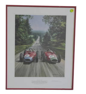 "MON AMI MATE" LTD ED PRINT BY MICHAEL TURNER: "Mon Ami Mate" Limited Edition Print by Michael Turner. #50/500. Ferrari racers Mike Hawthorne & Peter Collins. Professionally framed and matted, 17.5"x22"x1". Weight 5 pds. PROVENANCE: Terri Henning